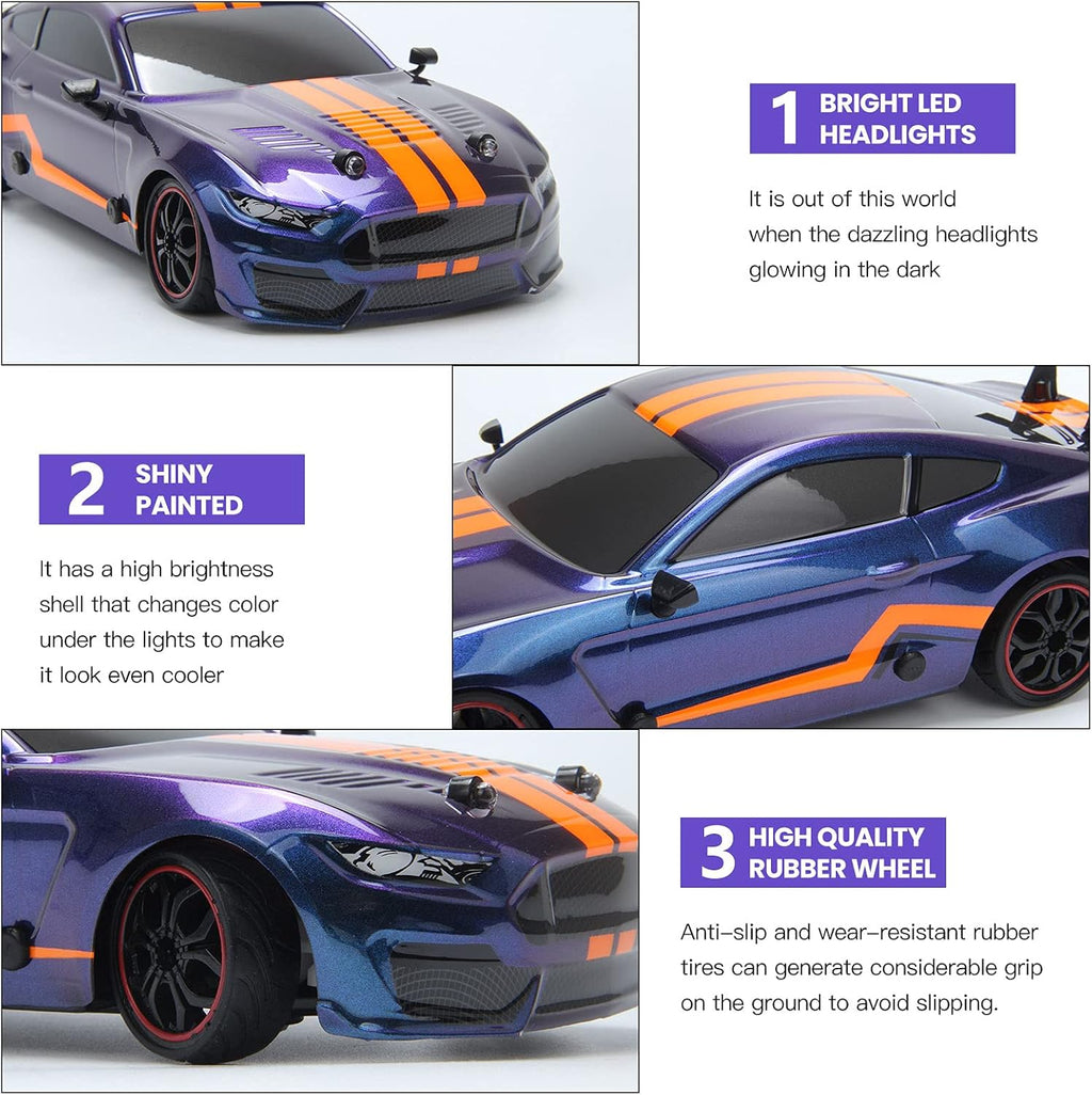 Remote Control Car RC Sport Racing Car 4WD RTR Vehicle with LED Lights, Two Batteries and Drift Tires + Racing Tires H9564