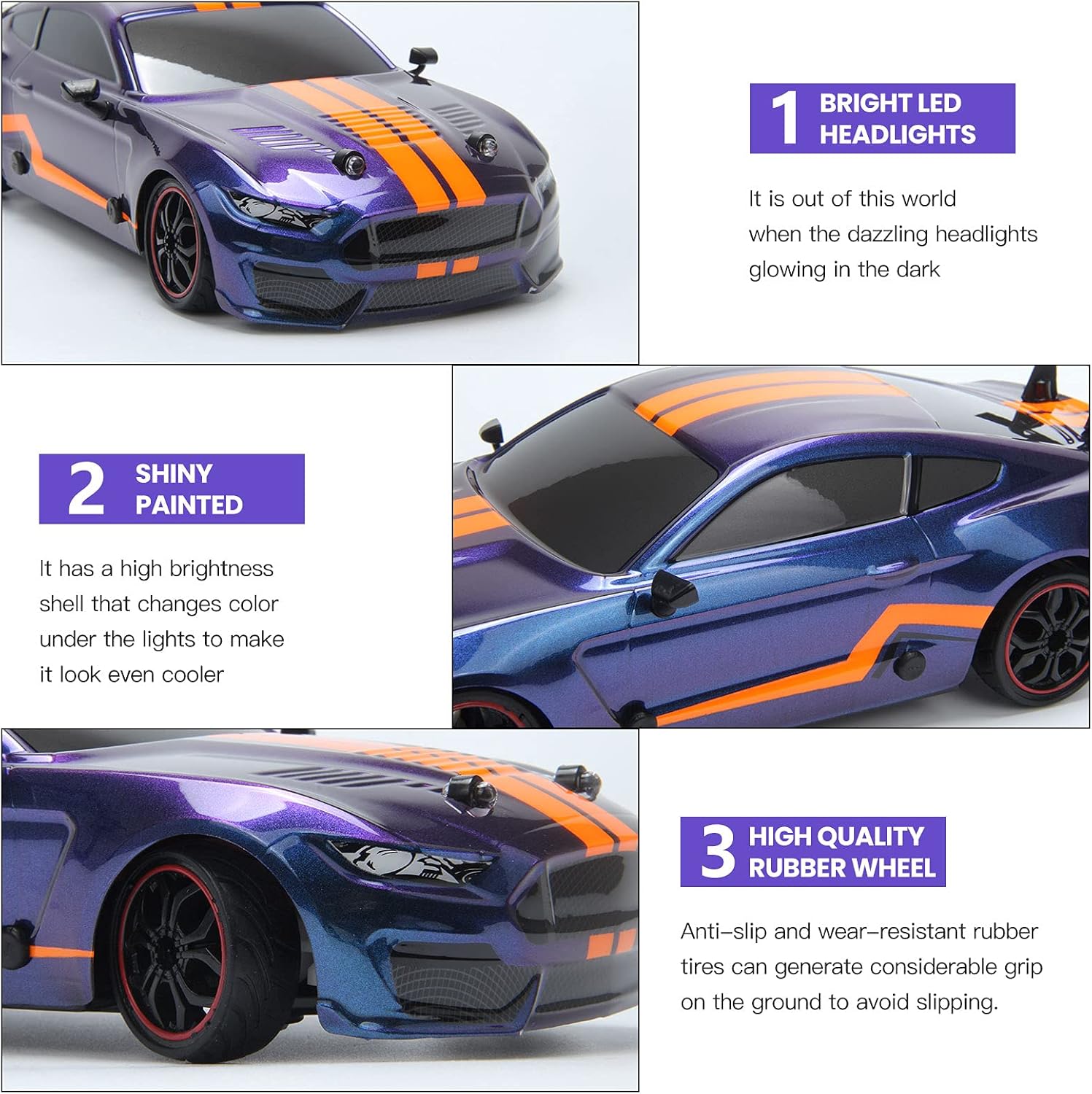 Remote Control Car RC Sport Racing Car 4WD RTR Vehicle with LED Lights, Two Batteries and Drift Tires + Racing Tires H9564