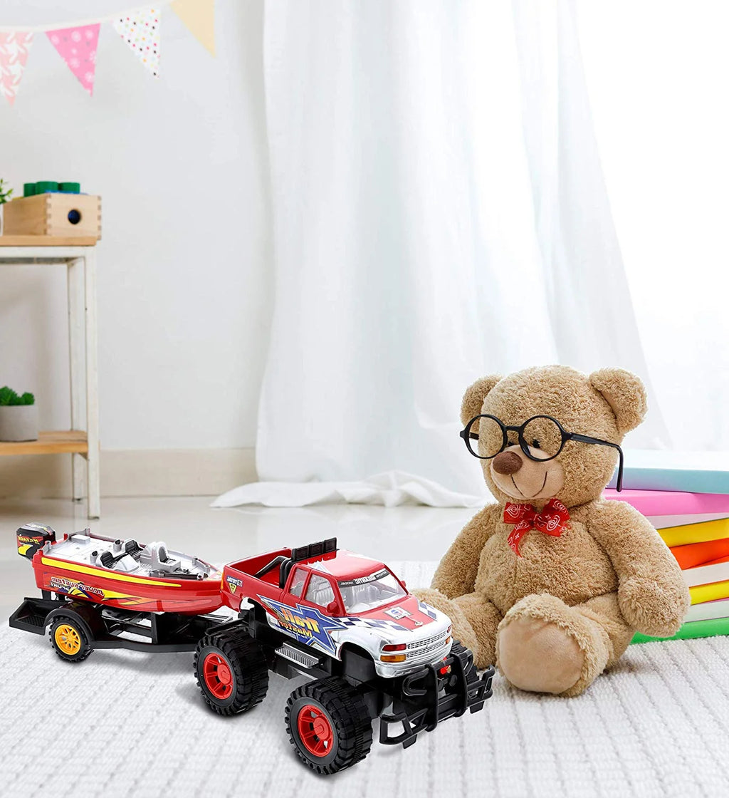 Red Black 9 Inch Truck with Detachable Trailer and 10 Inch Boat Friction Push Powered Playset L988625