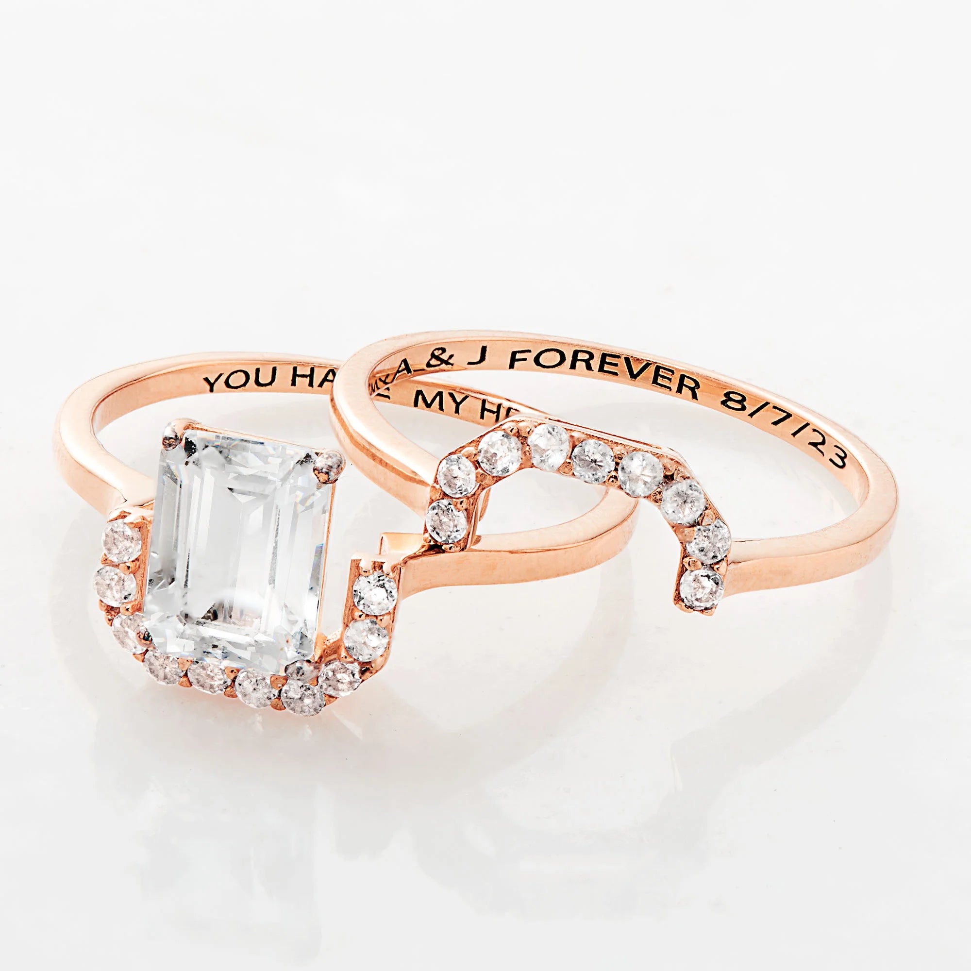 14K Rose Gold over Sterling Silver Emerald Cut White Topaz 2 Piece Wedding Set U1974
