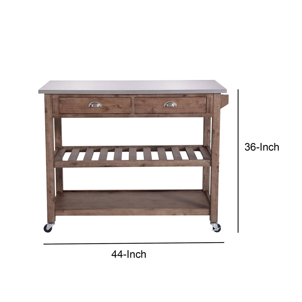 Gray and Brown 2 Drawers Wooden Kitchen Cart with Metal Top and Casters A481200