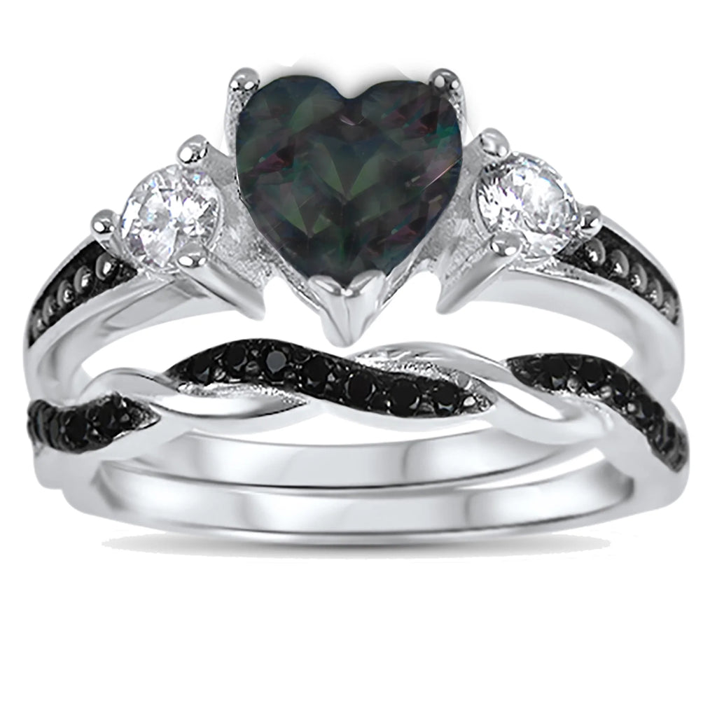 3 Piece Sterling Silver Black Wedding Band Engagement Ring Set V829048