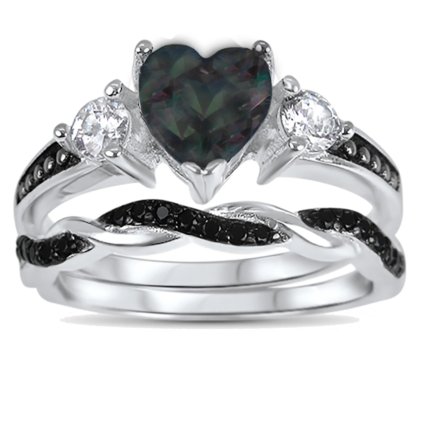 3 Piece Sterling Silver Black Wedding Band Engagement Ring Set V829048