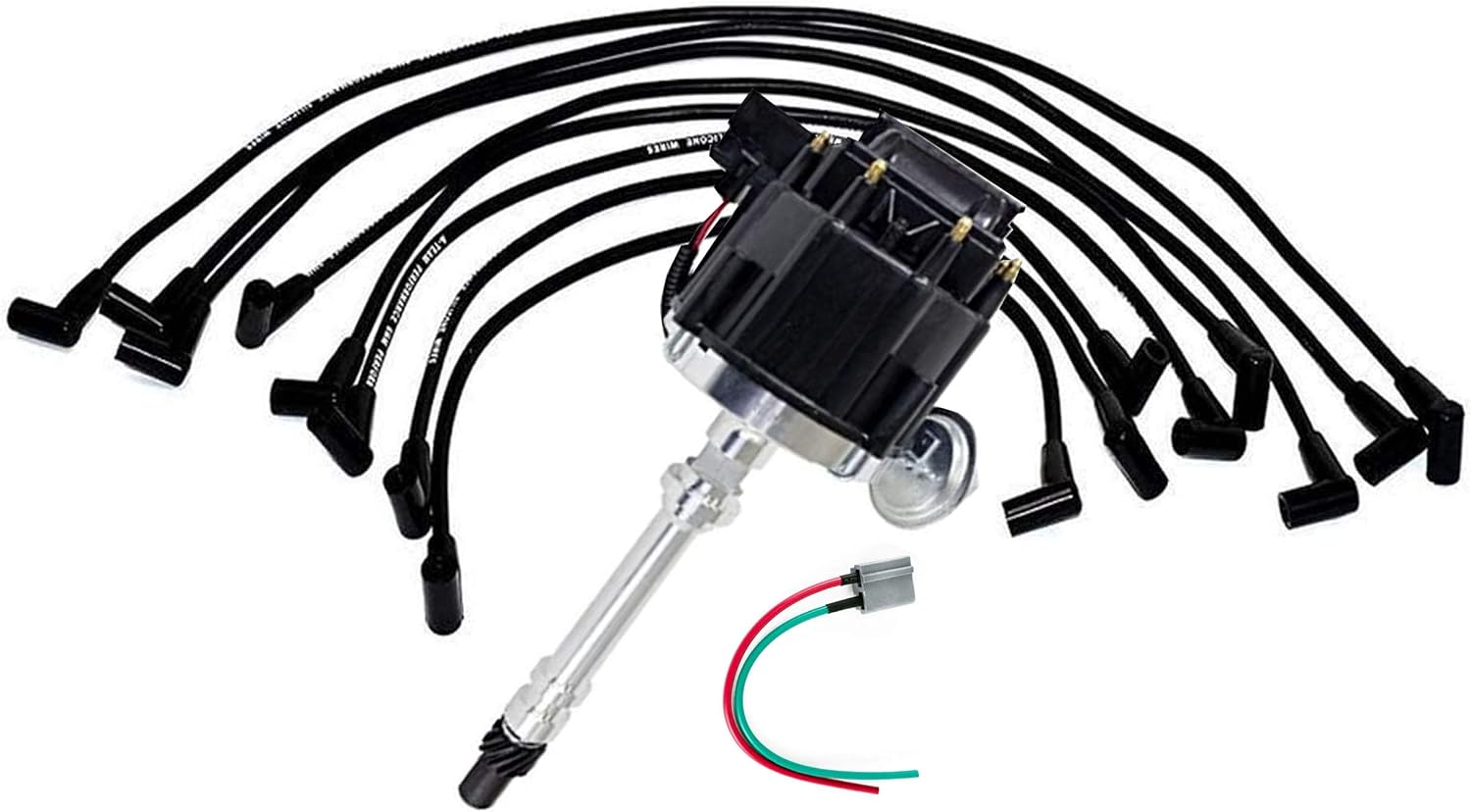 HEI Distributor Black Cap with Spark Plug Wires Set Pigtail Harness Complete Kit T3349