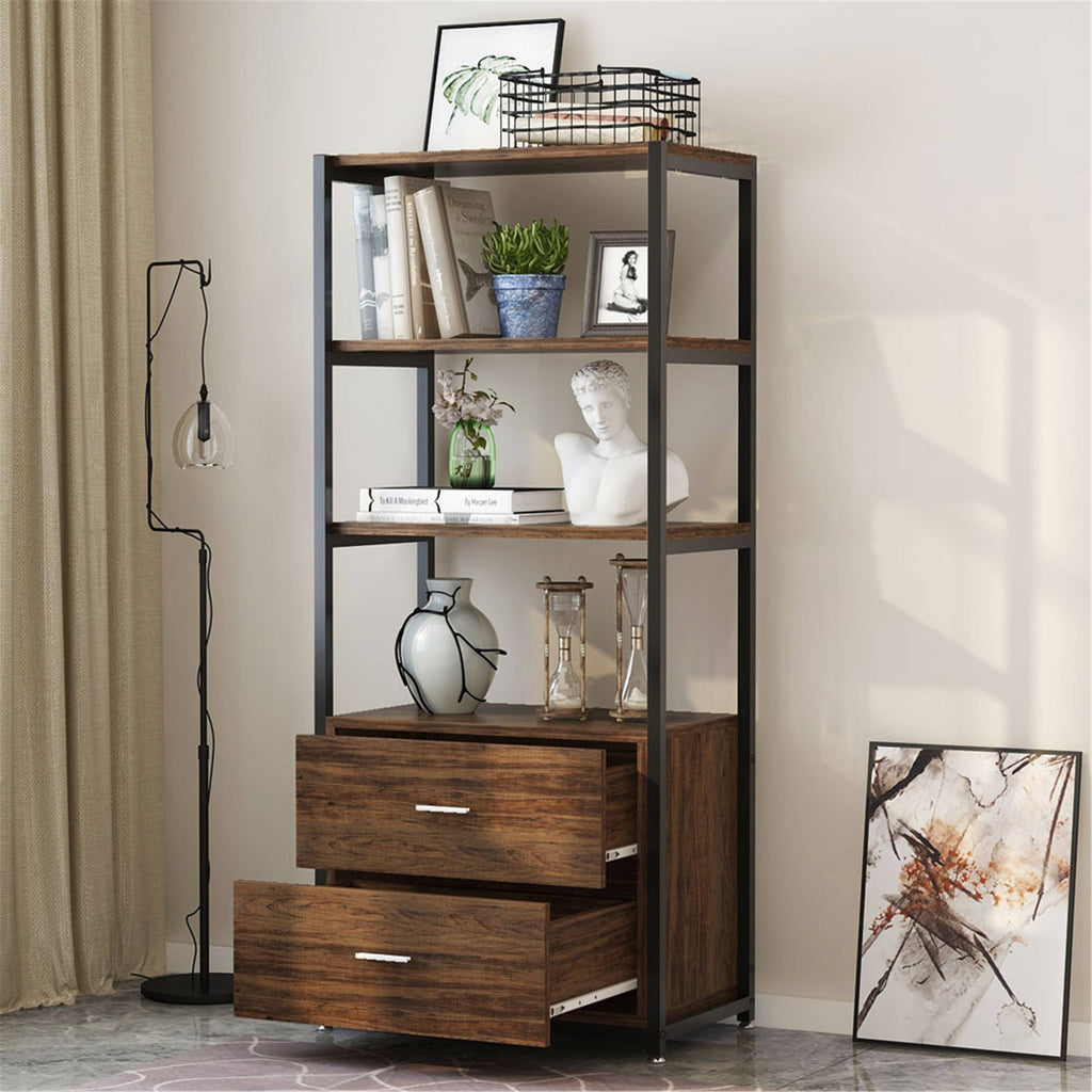 Brown/Black 4-Tier Bookcase with 2 Drawers B380