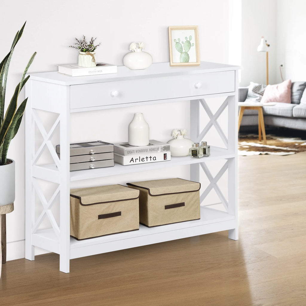 White Wooden Console Table with 1 Drawer and 2 Storage Shelves S512021