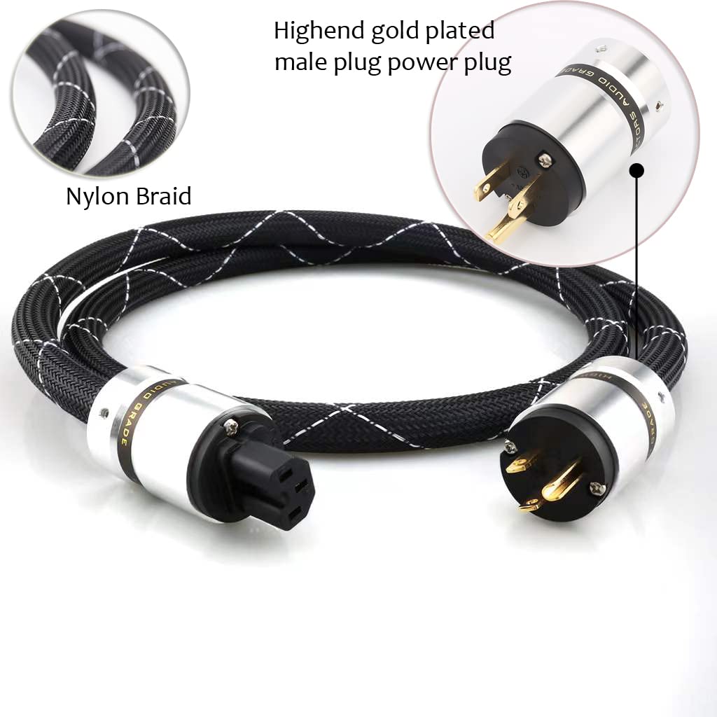 12AWG HiFi Power Cord 3-Prong Gold Plated Power Connectors AC Power Cable with US Plug + IEC 320 C15 Connector (2M / 6.56FT) B442522