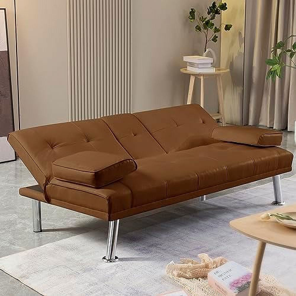Brown Leather Futon Sofa Bed with Cup Holders and Removable Armrest A452