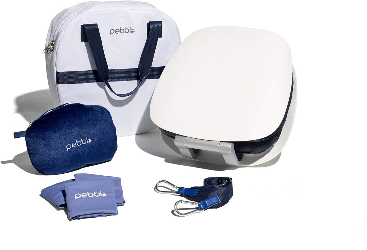 Portable Meditation Chair with Back Support Foldable Seat, Cushion, Carry-All Tote, Adjustable Carrier Strap, Blanket - Navy Blue Shell/White Cushions Y11504