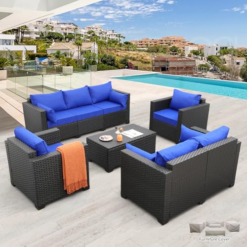 5 Pieces Patio Furniture Set with Coffee Table and Blue Cushions M4055