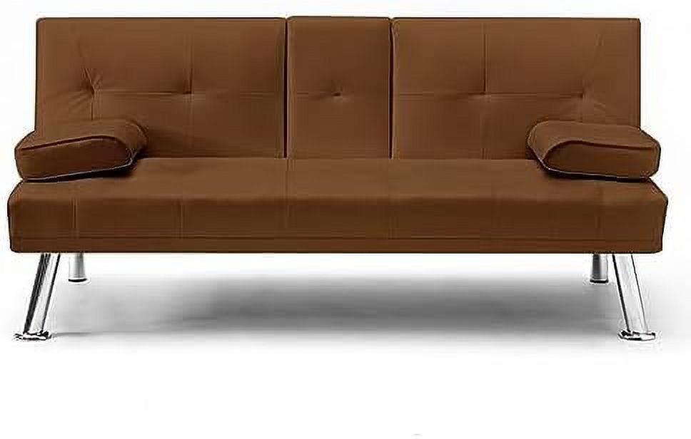 Brown Leather Futon Sofa Bed with Cup Holders and Removable Armrest A452