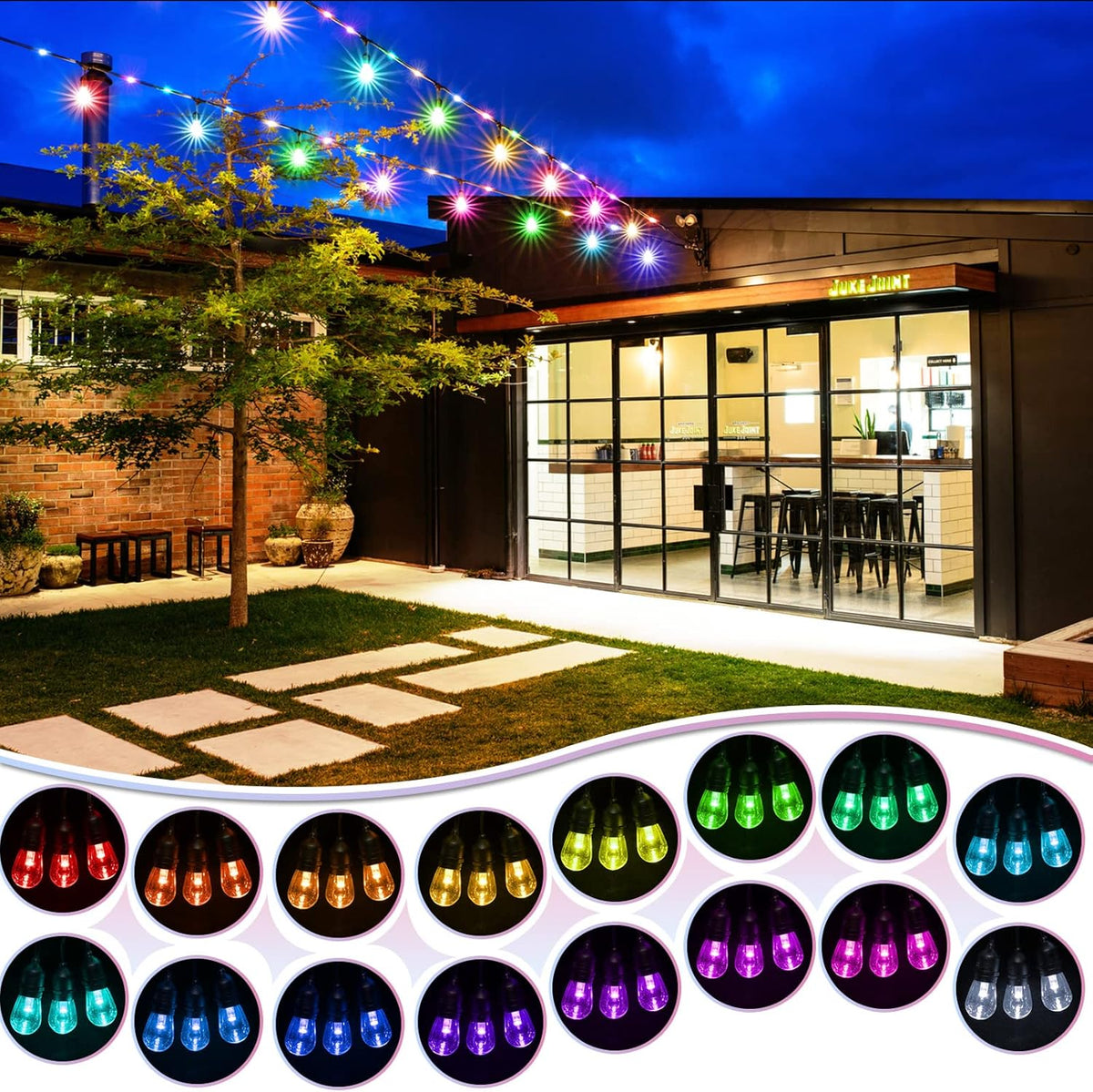 48FT RGB LED String Lights with Remote, Waterproof Edison Bulb Outdoor Lights D254