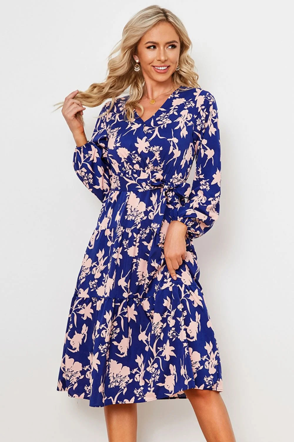 Floral Belted Tiered Midi Dress V575