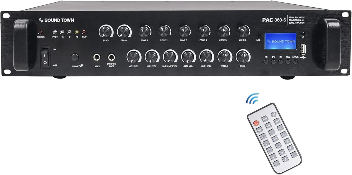 360W 6-Zone 70V/100V Commercial Power Amplifier with Bluetooth, Optical, Phantom Power X72652