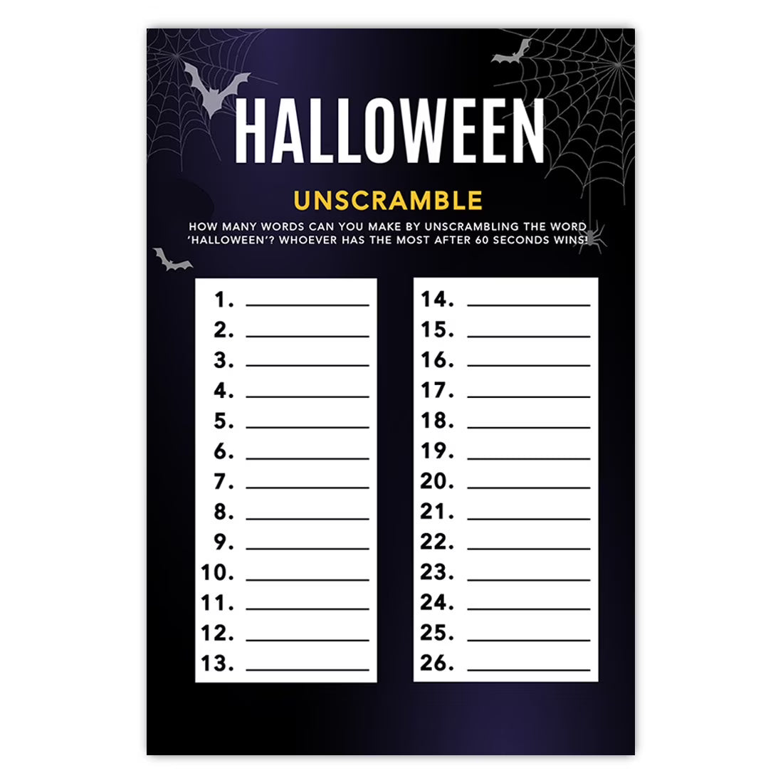 Halloween Party Game Cards, Bats & Spiders Themed, Pk-24 S974535
