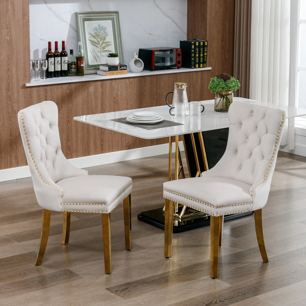 Beige Velvet Dining Chair Set of 2 with Gold Legs C625912
