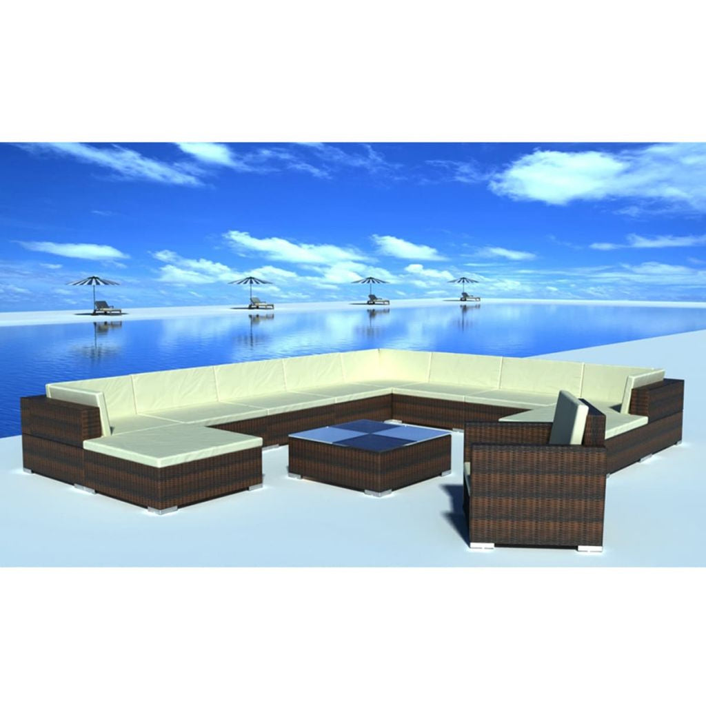 12 Piece Patio Lounge Set with Cushions Brown Poly Rattan K212
