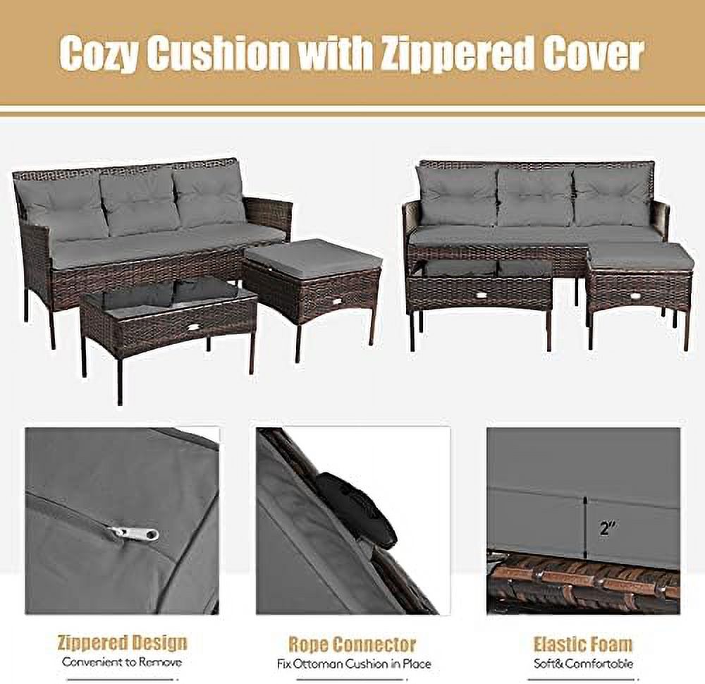 3 Pieces Outdoor Rattan Conversation Set with Tempered Glass Coffee Table, Sectional Sofa Set C73025