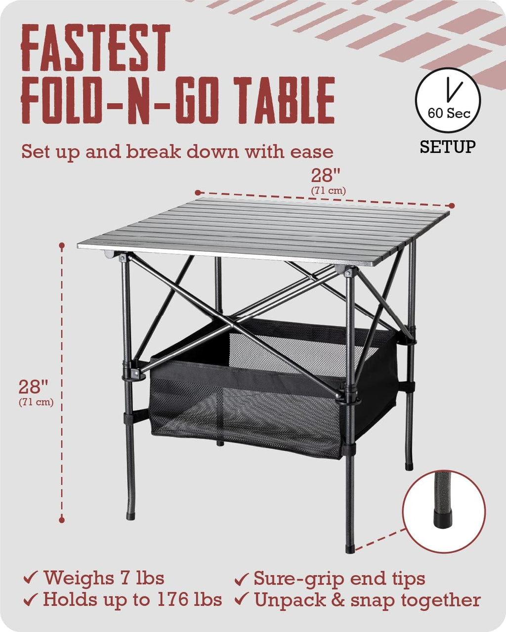 Aluminum Folding Camping Table with Carry Bag, 28in x 28in x 28in E40853