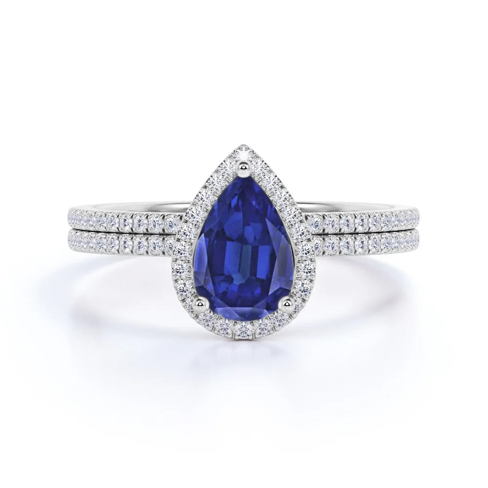 1.5 Carat Pear Shaped Blue Sapphire Bridal Set in 18k White Gold over Silver F326292