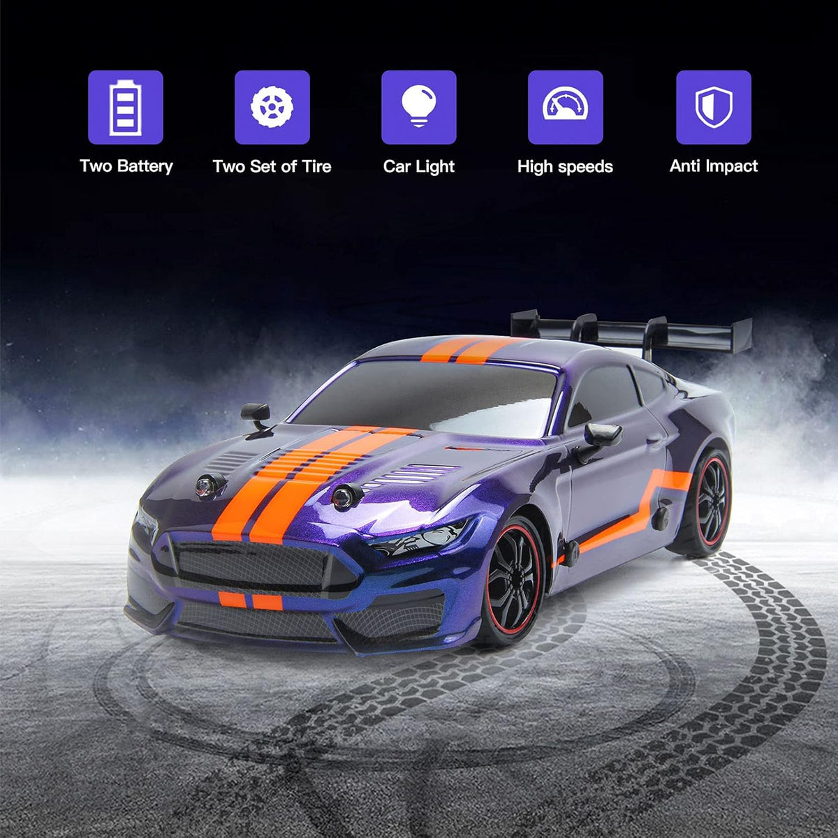 Remote Control Car RC Sport Racing Car 4WD RTR Vehicle with LED Lights, Two Batteries and Drift Tires + Racing Tires H9564