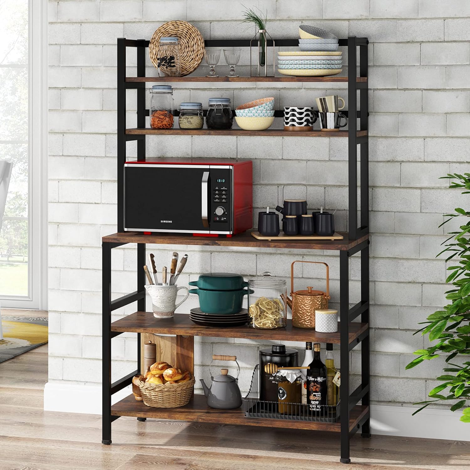 5-Tier Kitchen Bakers Rack with Hutch, Industrial Microwave Oven Stand, Free Standing Kitchen Utility Cart Storage Shelf Organizer (Rustic Brown) H512589