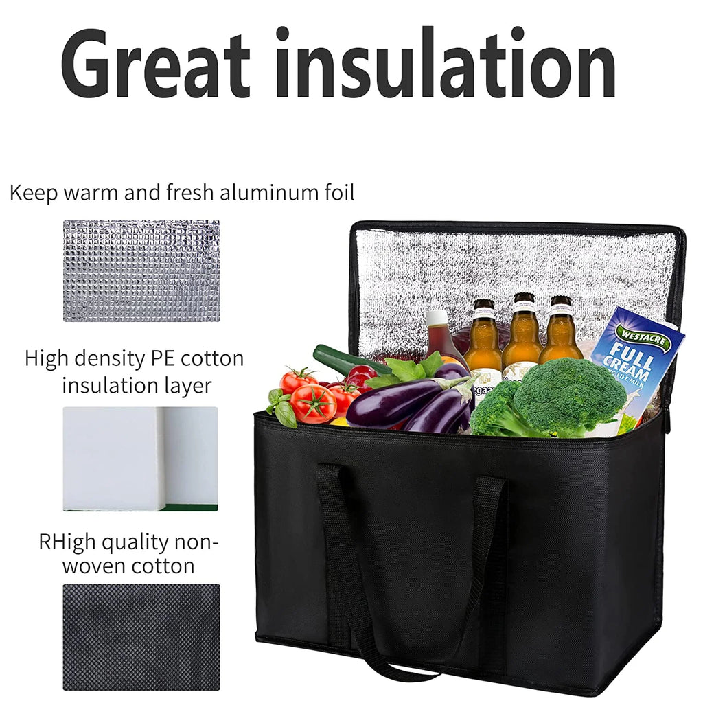 Black Insulated Grocery Tote Bag with Thermal Zipper S398