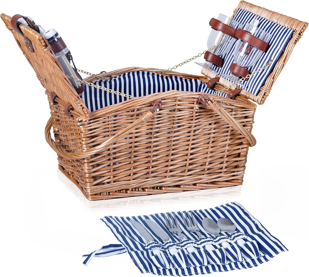 Grey-Stripe Wicker Picnic Basket for 2 with Double Collapsible Handles Y60472