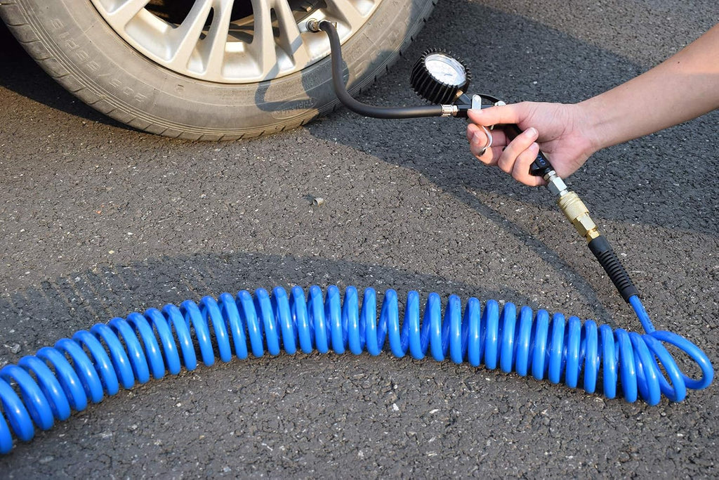 10-Pack Blue Polyurethane Recoil Air Hose 1/4" by 25' with Bend Restrictor and Quick Coupler R99238