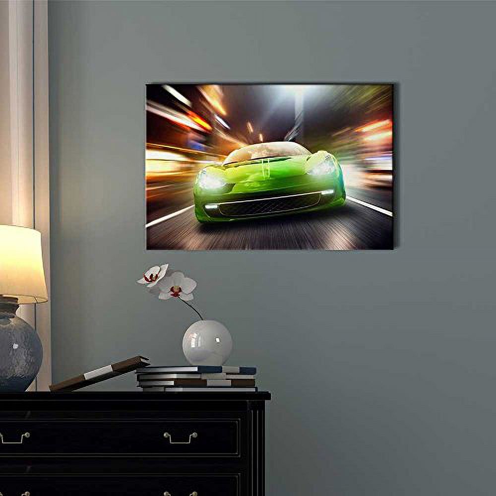Canvas Prints Wall Art - Night Race/Green Racing Car, 12" x 18" W10942