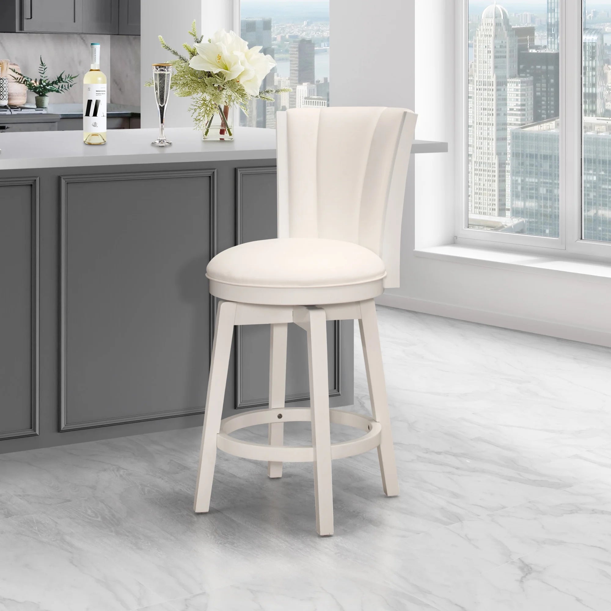 White Wood Counter Height Swivel Stool with Upholstered Back W687