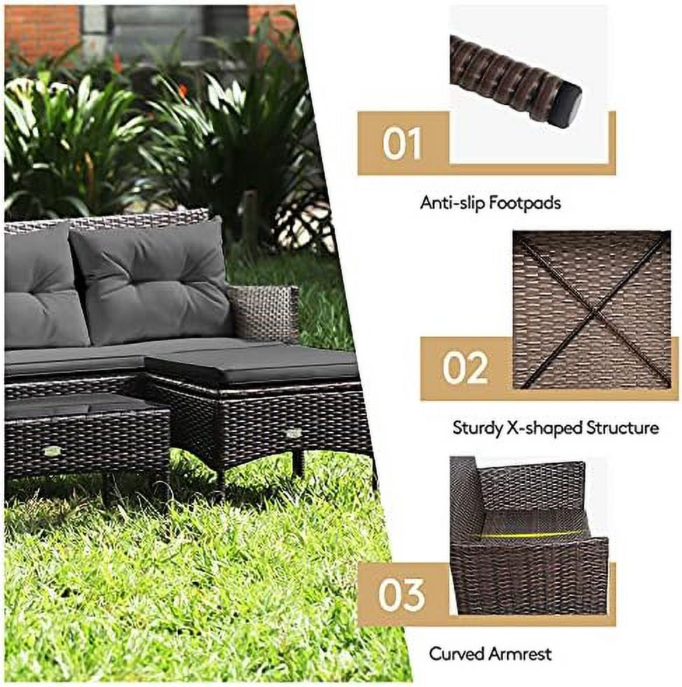 3 Pieces Outdoor Rattan Conversation Set with Tempered Glass Coffee Table, Sectional Sofa Set C73025