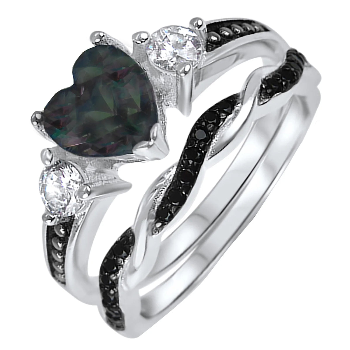 3 Piece Sterling Silver Black Wedding Band Engagement Ring Set V829048