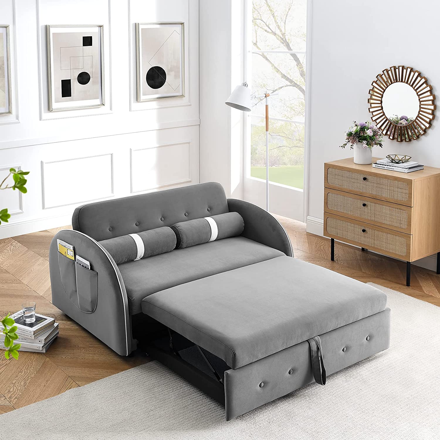 Grey Velvet Convertible Sleeper Sofa Bed with Lumbar Pillows O16245