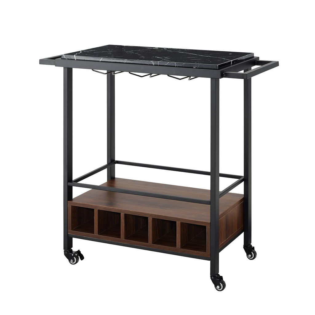 Black Faux Marble Rolling Bar Cart with Bottle Storage L81513