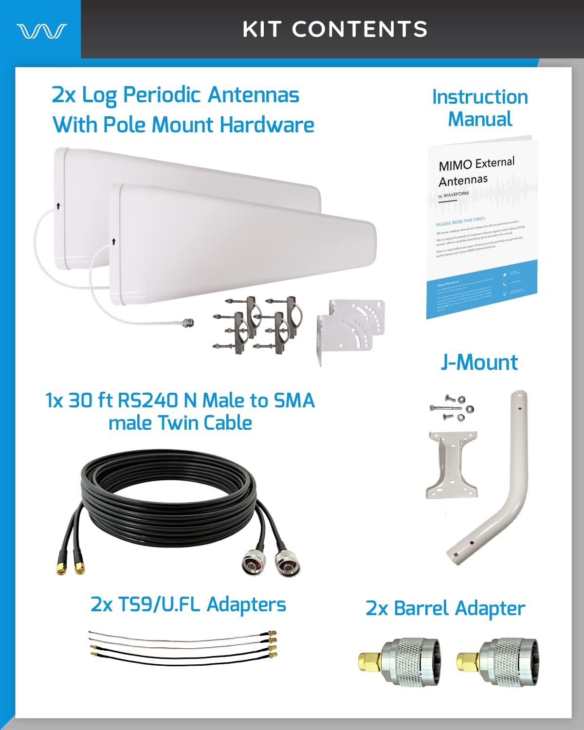 4G/5G Log Periodic Antenna Kit, 2x2 600-6000 MHz, Twin Cable Q7986