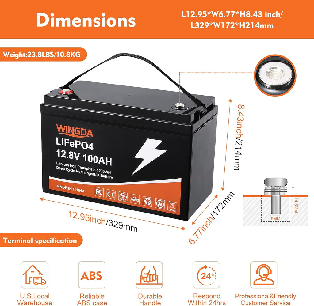 LiFePO4 Battery 100Ah 12V Deep Cycle Lithium Batteries with Built-In BMS G314