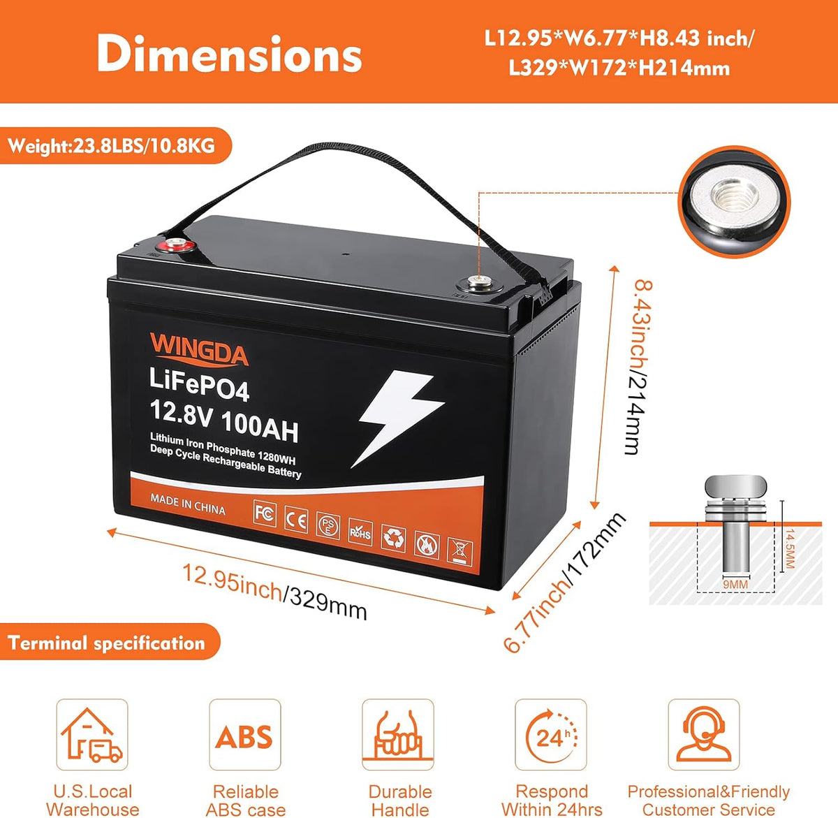 LiFePO4 Battery 100Ah 12V Deep Cycle Lithium Batteries with Built-In BMS G314