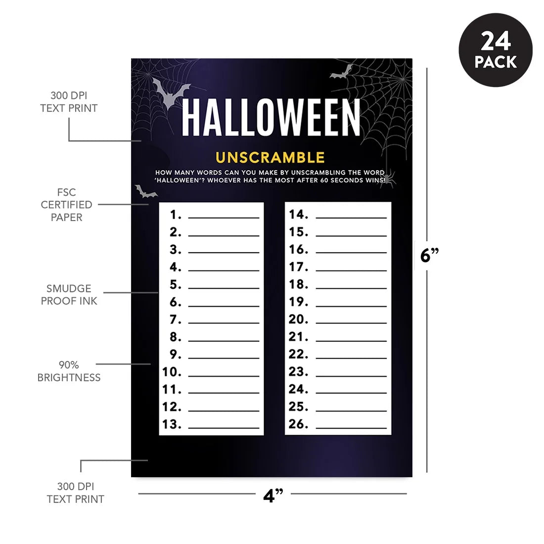 Halloween Party Game Cards, Bats & Spiders Themed, Pk-24 S974535