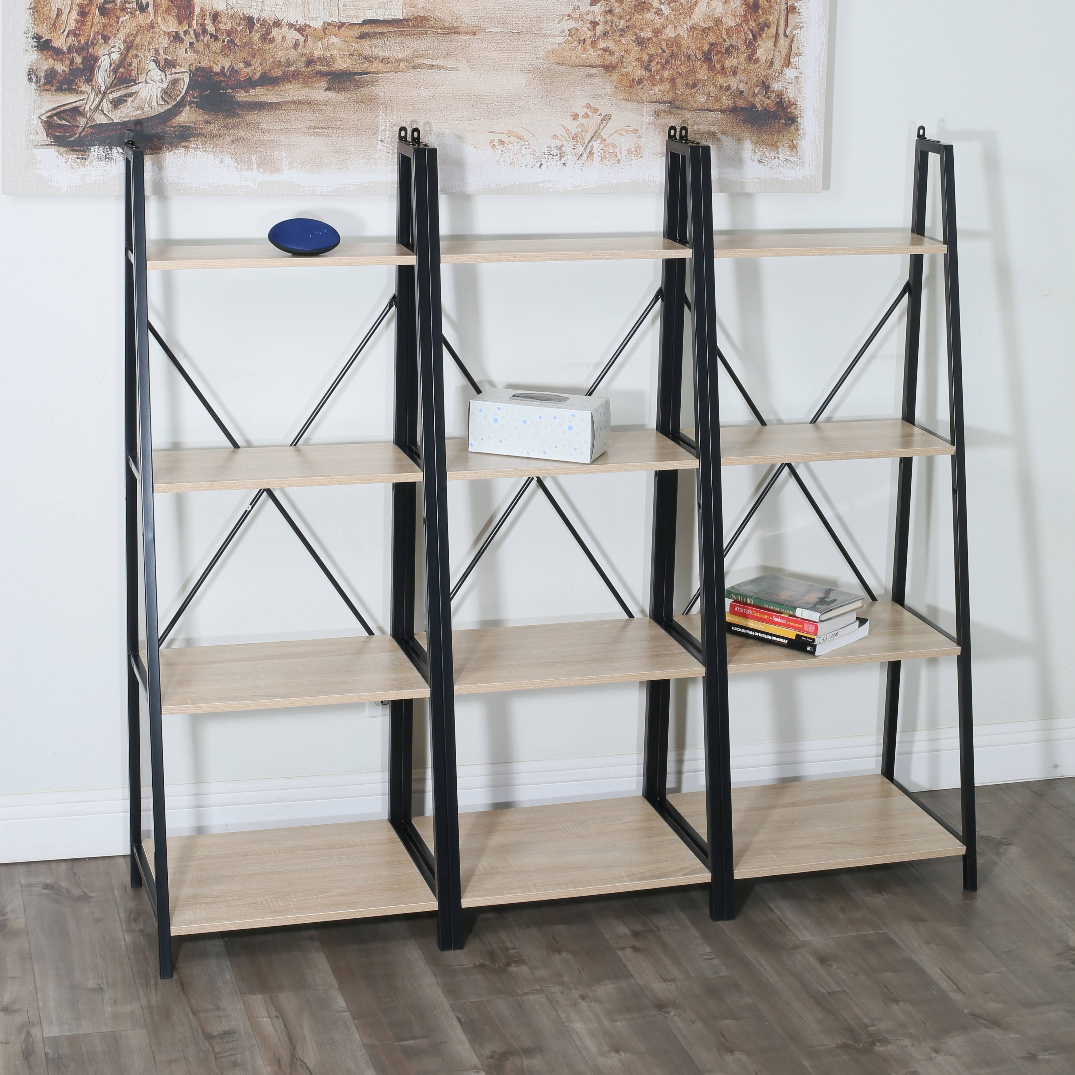 4-Tier Oak Ladder Bookshelf Metal Frame Brown Q352