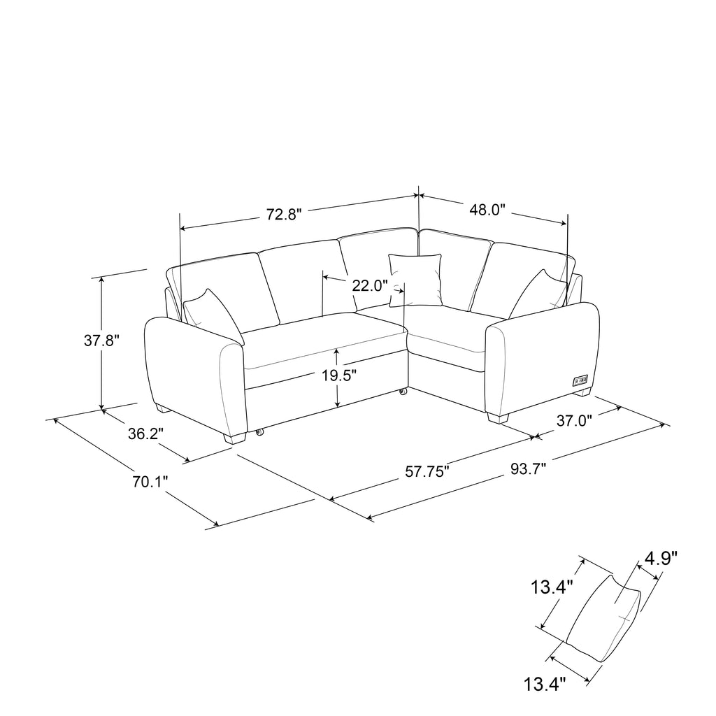 Charcoal Gray Fabric Sectional Sofa with USB & Power X988