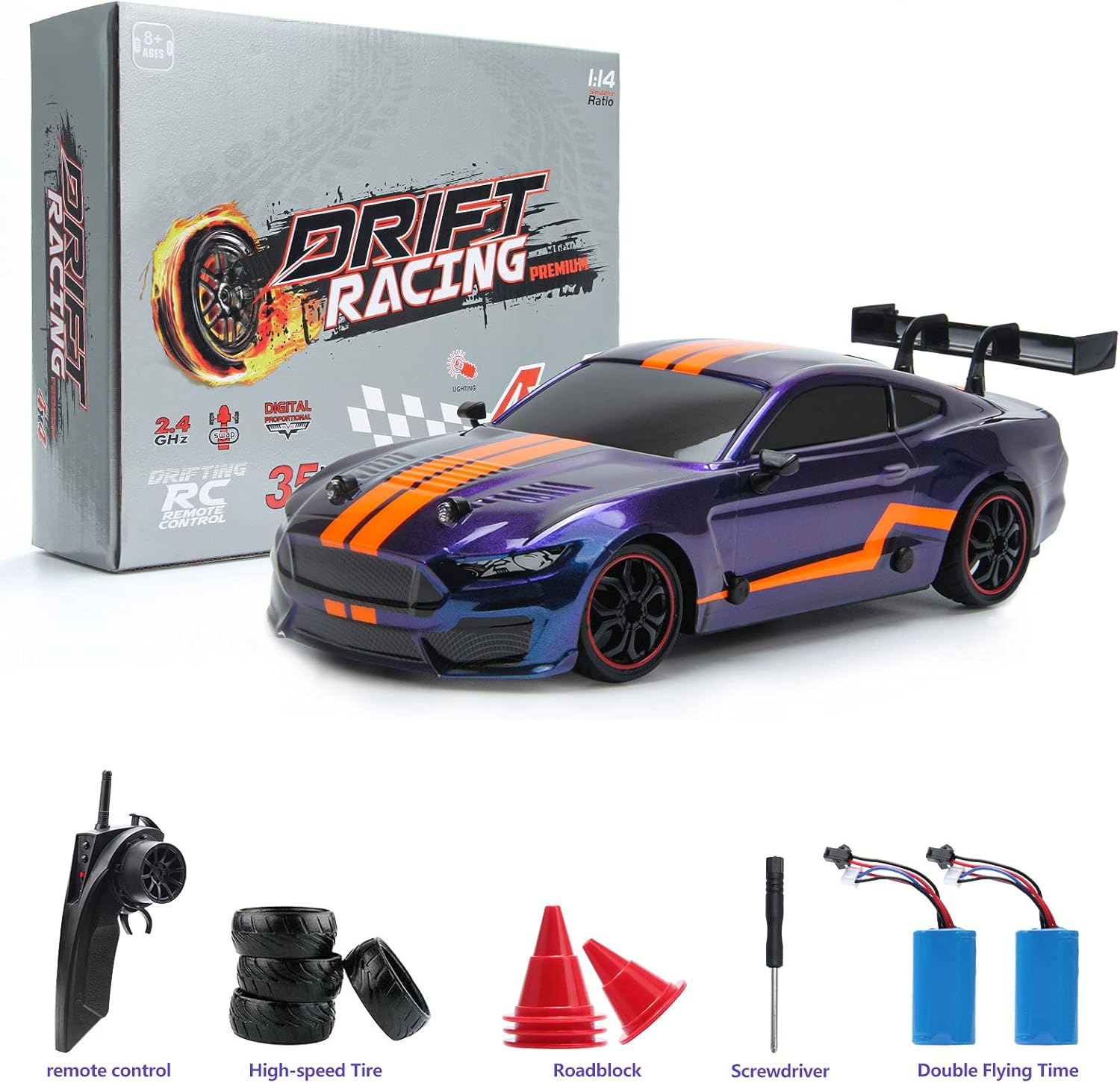 Remote Control Car RC Sport Racing Car 4WD RTR Vehicle with LED Lights, Two Batteries and Drift Tires + Racing Tires H9564