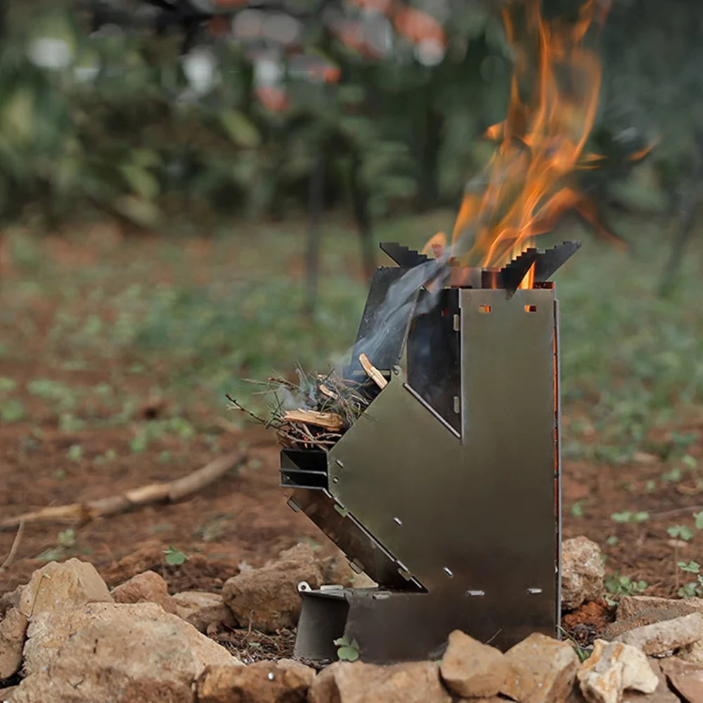 Outdoor Collapsible Wood Burning Detachable Portable Stainless Steel Rocket Camp Tent Q44396