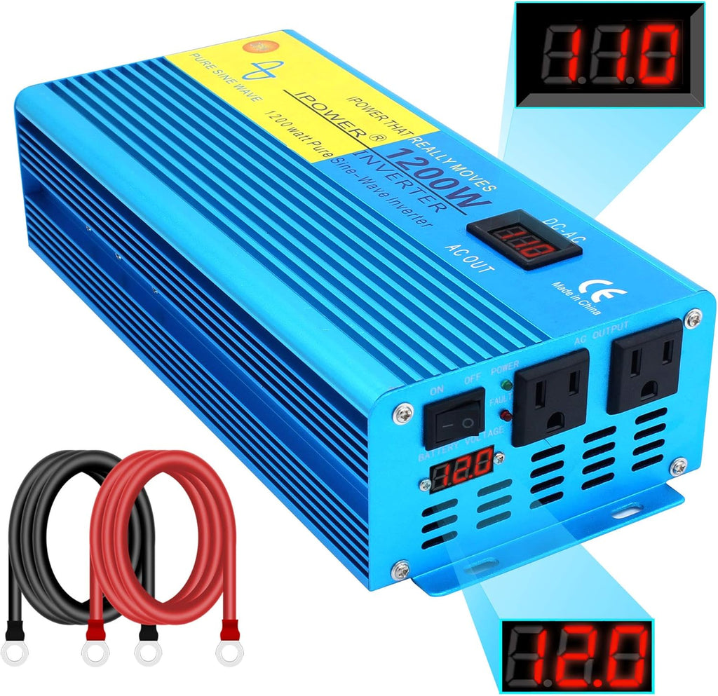 1200W Pure Sine Wave Power Inverter with 2 AC Outlets and LCD Display G8666