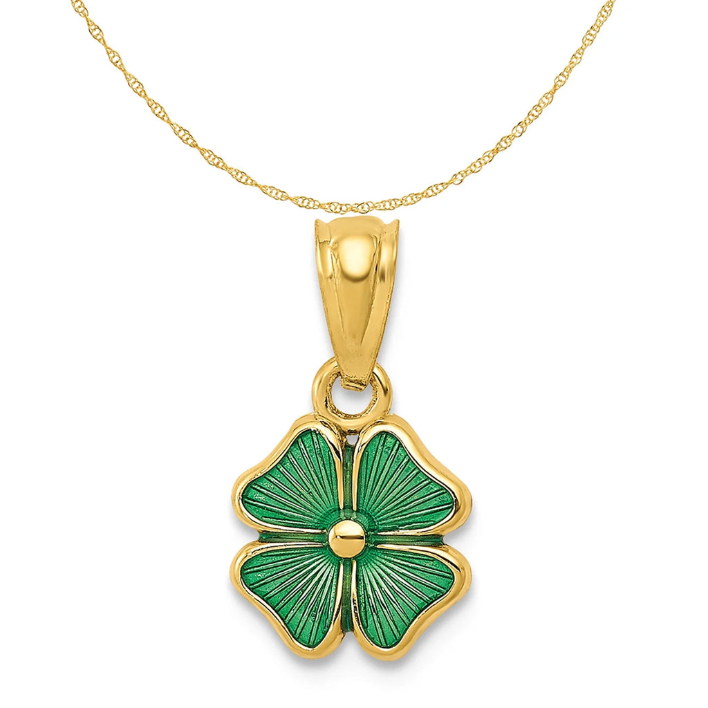 14K Yellow Gold Green Enameled Four Leaf Clover Pendant Charm with Rope Chain Necklace 16'' H5367