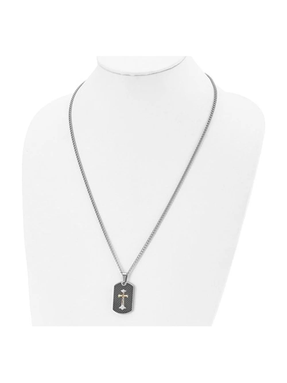 Black Carbon Fiber Dog Tag Cross Pendant Necklace in Stainless Steel with Chain W742951