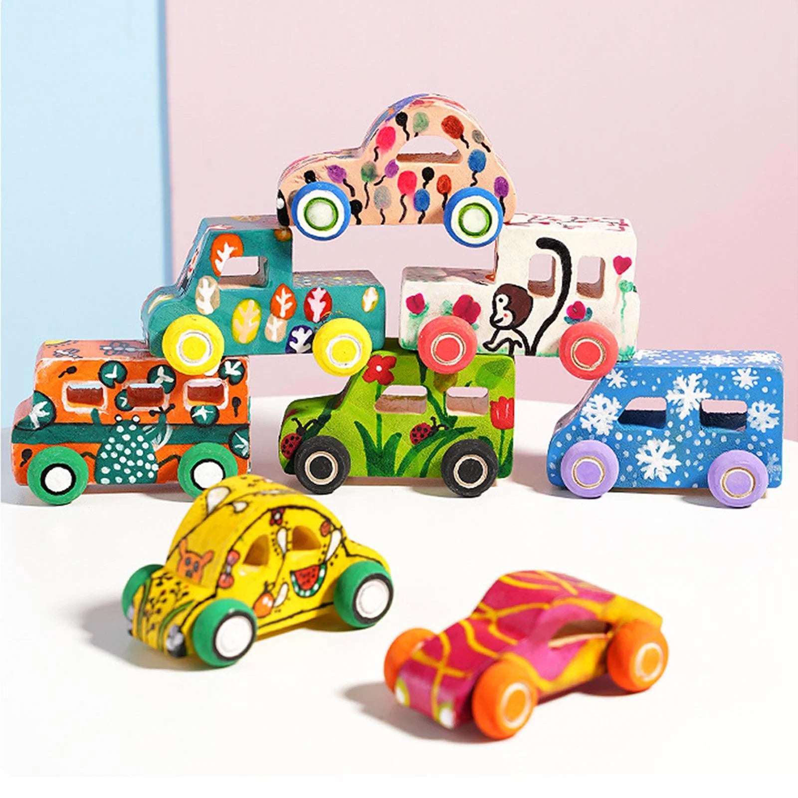 8Pcs Wooden Mini Car Building Blocks Stacking Balance Game Q440819