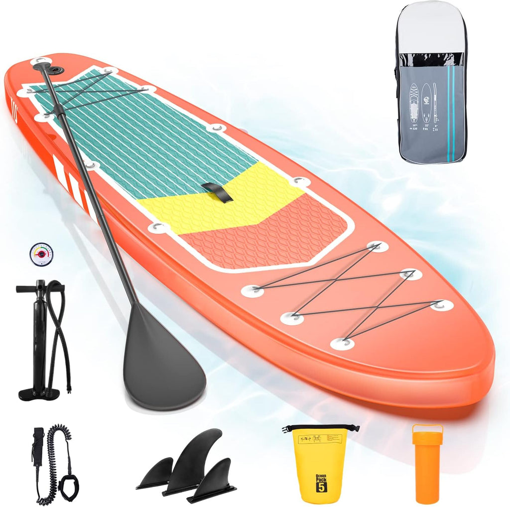 Inflatable 10’6” Stand Up Paddle Board with 3 Detachable Fins, Ultra-Light 16lbs SUP with Floatable Paddle, 350LBS Capacity Paddleboard Q8005