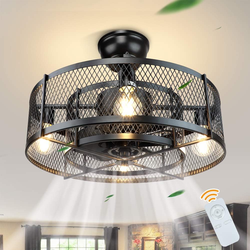 20In Caged Ceiling Fan with Light, 3 Speeds Adjustable, Remote, Black C13034