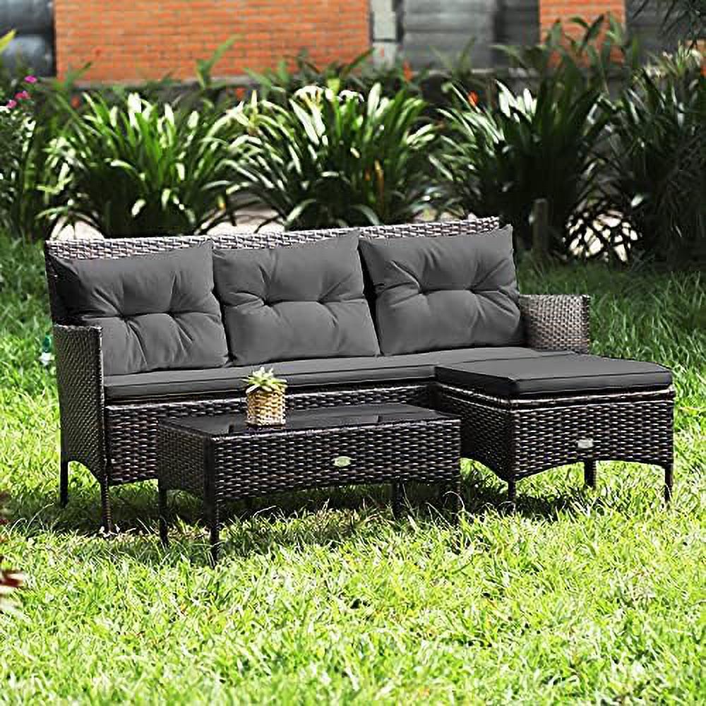 3 Pieces Outdoor Rattan Conversation Set with Tempered Glass Coffee Table, Sectional Sofa Set C73025